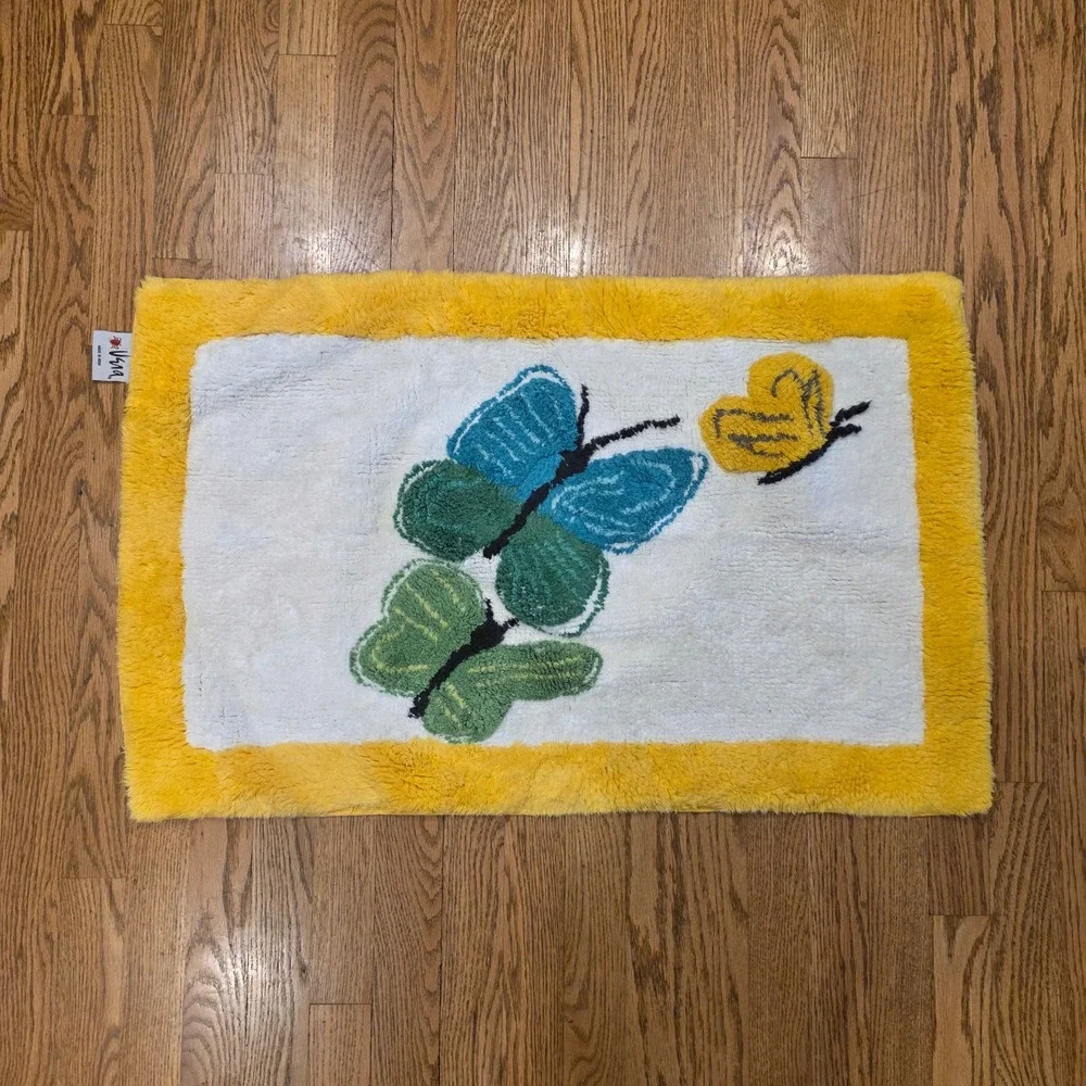 Vera Neumann Butterfly Bath Mat Yellow Blue Green MCM Grandma Cottagecore Cotton